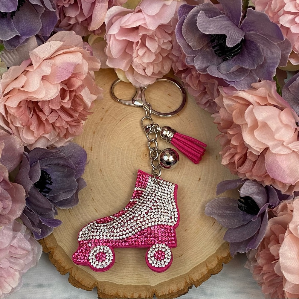 Pink Rhinestone Roller Skate and Tassel Keychain